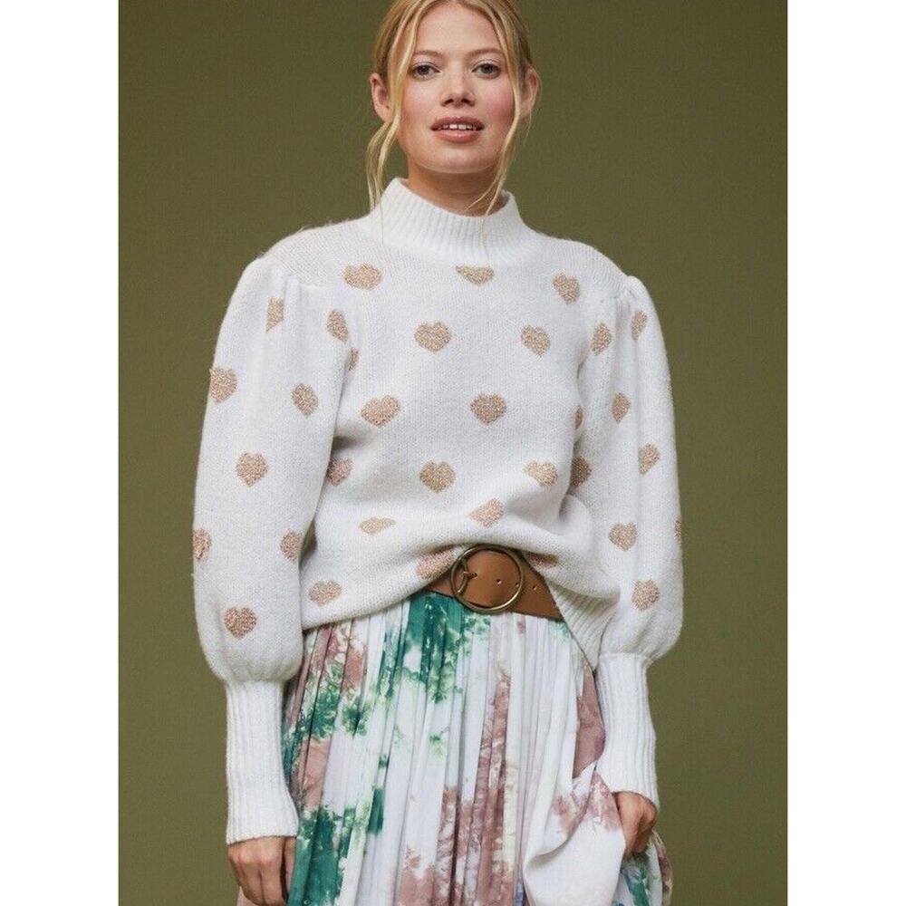 Anthropologie Hearts Sweater Women L Neutral Gold Puff Sleeve High Neck Pullover